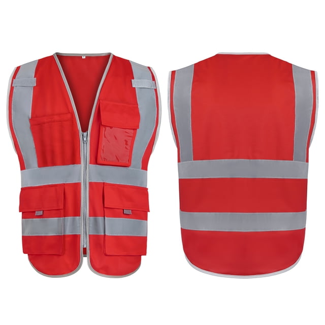 GOGO Big & Tall 9 Pockets High Visibility Zipper Front Safety Vest With Reflective Strips, Meets ANSI Standards-Red-US 2XL