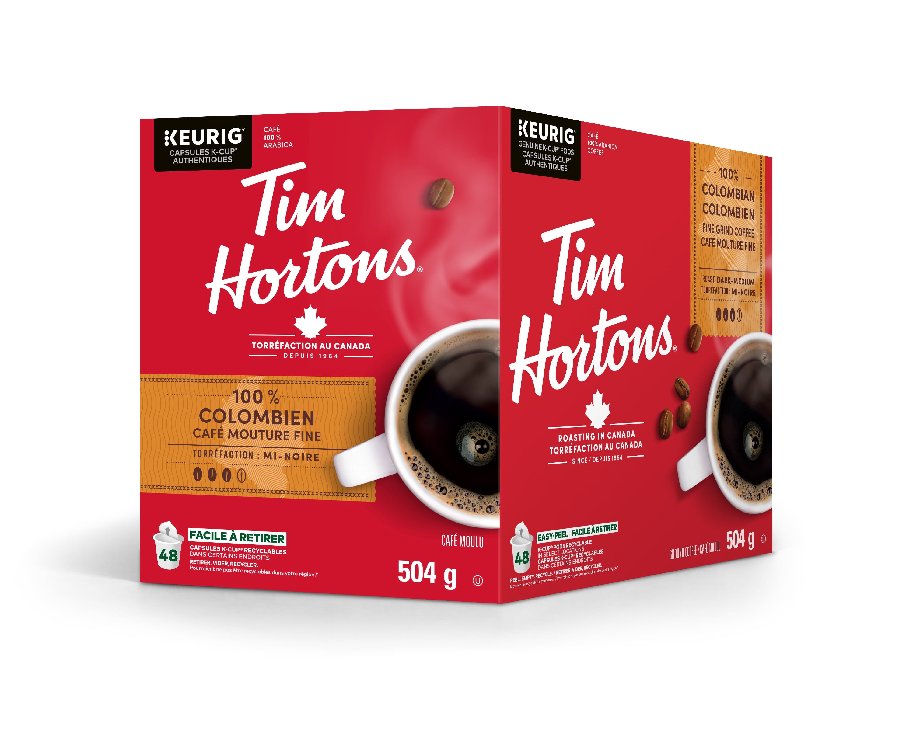Capsules de café Tim Hortons 100 % colombien, torréfaction mi-foncée, capsules K-Cup à usage unique, compatibles Keurig, goût frais, 48 capsules