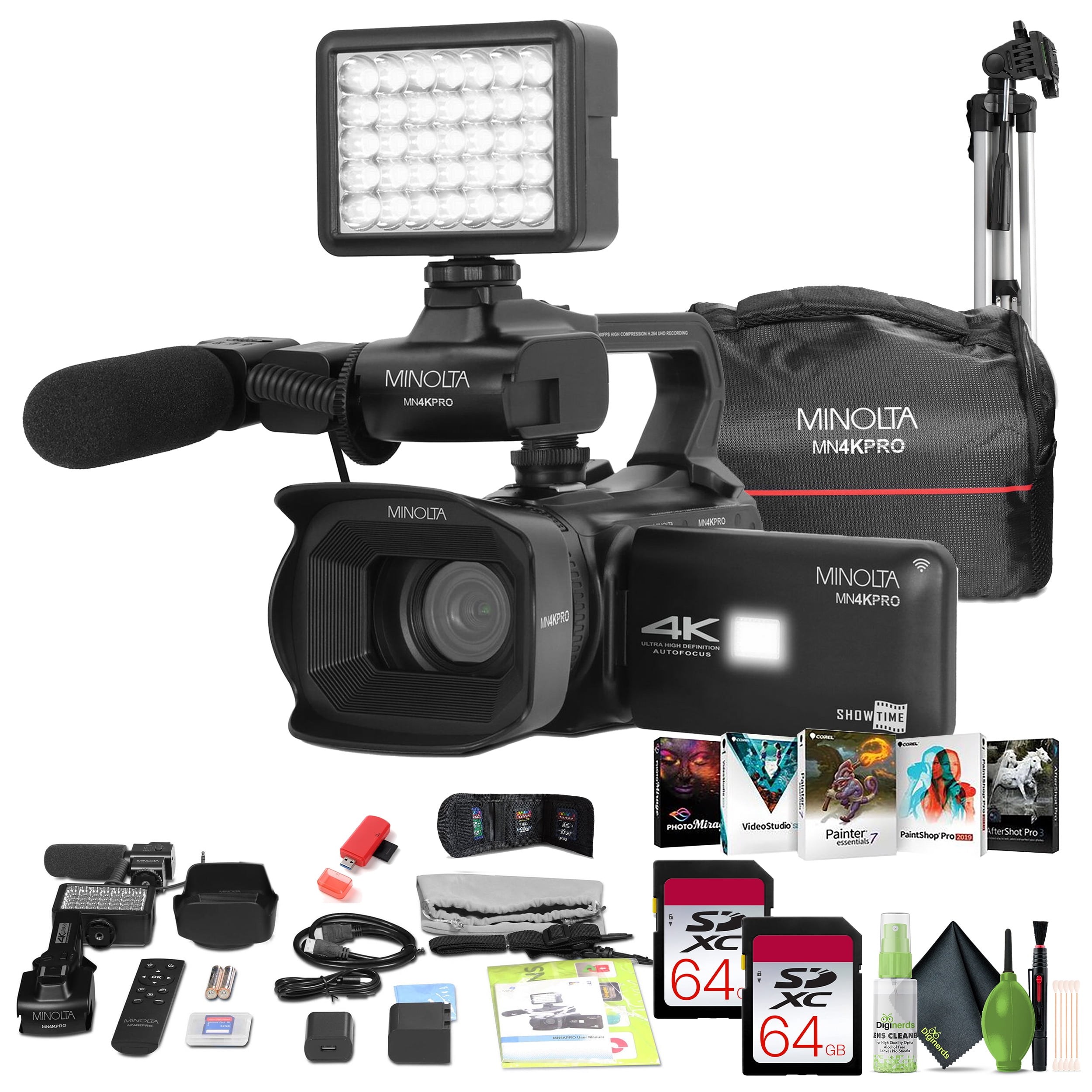 Minolta MN4KPRO 4K60FPS UHD 64 MP Autofocus Pro Camcorder Kit w/WiFi + 2x 64GB Memory Card + 72" Camera Tripod + USB Card Reader, SD/microSD + Corel Photo, Video, & Art Suite Deluxe
