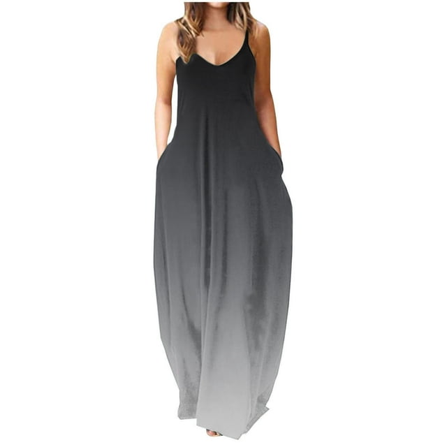 Robe Bohème Décontractée pour Femmes Été Sans Manches Grande Taille Longue Robe Maxi Ample Robe de Plage avec Poches