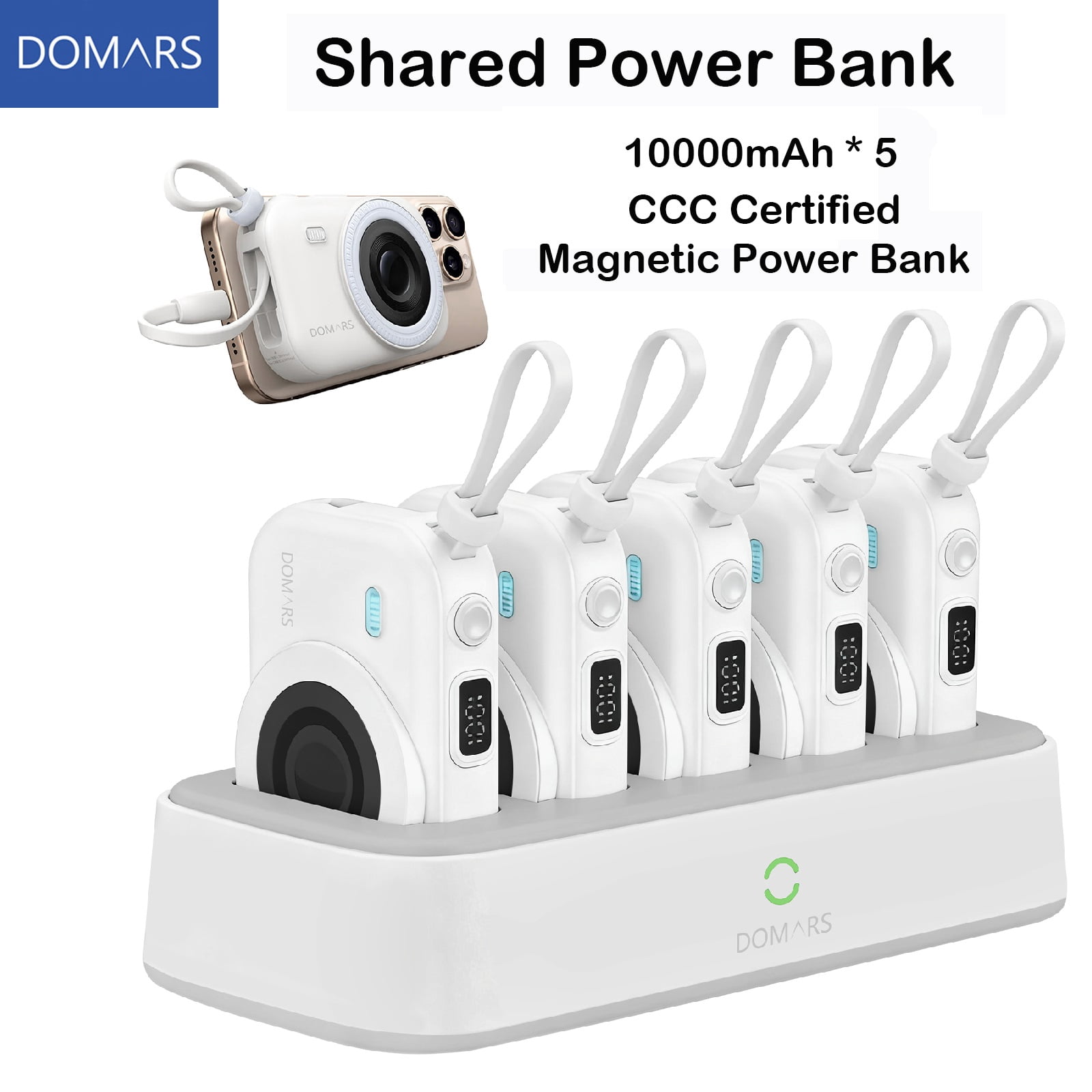 Domars 5pcs 10000mAh Magnetic Power Bank Set, 22.5W Fast Charging Portable Charger with Charging Base, Built-in Type-C & Lightning Cable, Strong Magnetic Adsorption for Home Office Travel