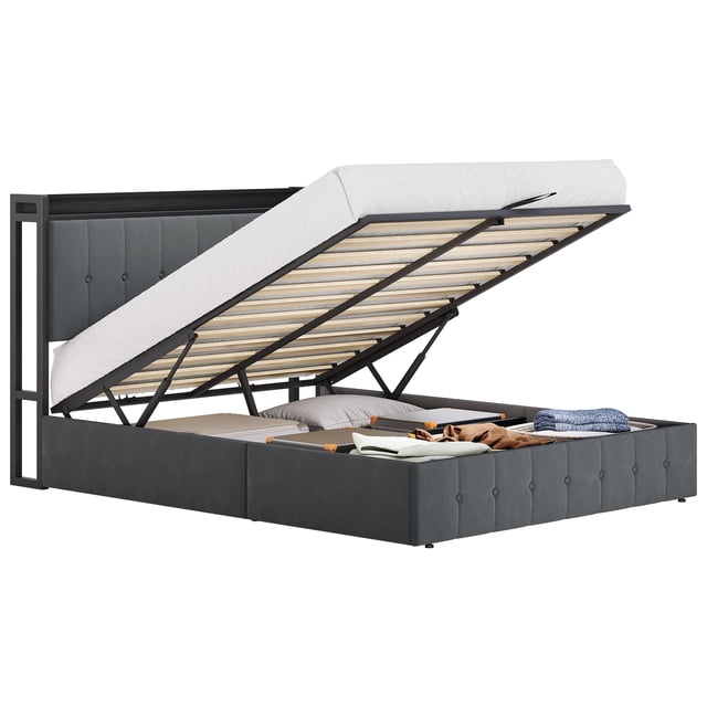 Lift Up Storage Bed Frame, Velvet Upholstered Hydraulic Platform Bed with Storage Headboard, Sturdy Wooden Slats Support, No Box Spring Needed