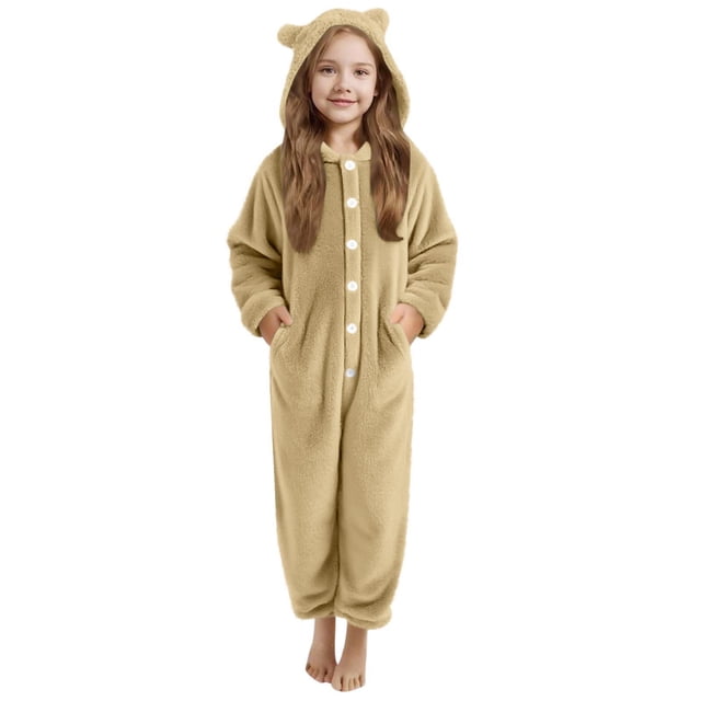 Pyjama d'Hiver pour Filles Combinaison à Capuche à Manches Longues pour Filles Pyjama Uni pour Chaleur Hivernale Décontractée Combinaison à Manches Longues