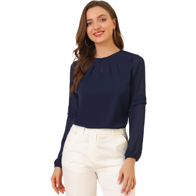 INSPIRE CHIC Junior's Chiffon Shirt Long Sleeves Keyhole Neck Blouse