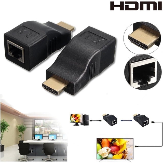 KSRplayer 2 Pcs Répéteur HDMI, Prolongateur de Câble Réseau HDMI vers RJ45 Conçu pour Étendre les Signaux HDMI sur des Câbles Cat 5e/6 jusqu'à 30 Mètres. l'Image Montre Deux Adaptateurs Noirs Compacts, l'Un « TX » et l'Autre « RX », avec ports HDMI et RJ45. Convient aux Résolutions 1080p et 4K, Prend en Charge les Configurations 3D HDMI1.4 et HDCP1.1/1.2. Idéal pour HDTV, HDPC