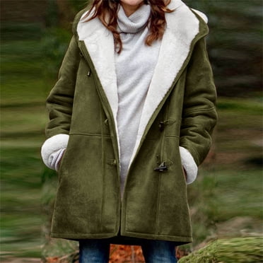 lcziwo Black Friday Deals Womens Plus Size Winter Coats for Women 2024 Warm Sherpa Fleece Lined Jackets Horn Buckle Hooded Parka Faux Suede Pea Coat Outerwear Army Green,L