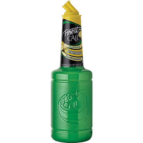 Finest Call 1 Liter Premium Single Pressed Lemon Juice. Centered front-facing 1 L bottle with long neck and easy-pour cap, bright yellow juice visible through the bottle and a label bearing the Finest Call name and volume; cocktail mixer and mixology ingredient for bars and restaurants, yields 200 (1 oz) servings, often used for lemonade or as a vinaigrette ingredient.