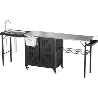 JFHID Outdoor Grill Cart Table with Sink,Porable Folding Stainless Steel Prep Station with Storage Cabinet,Waterproof Cover Included