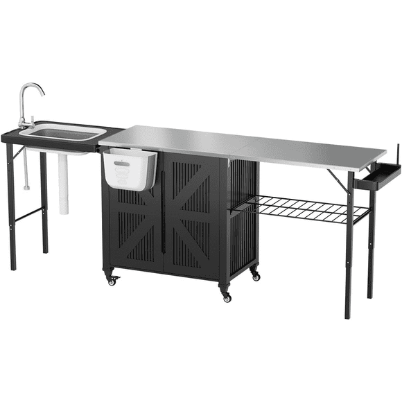 JFHID Outdoor Grill Cart Table with Sink,Porable Folding Stainless Steel Prep Station with Storage Cabinet,Waterproof Cover Included