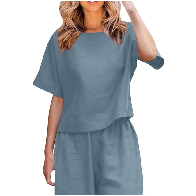Mrat T-Shirt à Manches Courtes Uni pour Femmes, Chemisiers Unis pour Femmes en Coton et Lin, Hauts à Manches Courtes à Col Rond, Hauts à Manches Courtes pour Femmes P-25 Bleu Pâle TTG