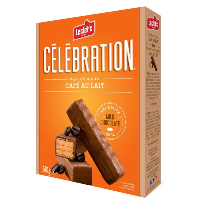 Celebration Leclerc Café au Lait Wafer Cookies box with bright orange background, featuring milk chocolate-coated wafer bars with creamy café au lait filling and coffee beans, 240 g package ideal for snack or coffee break.