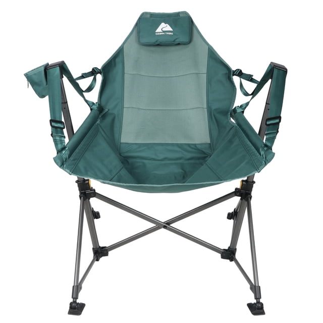 Ozark Trail Swing Hammock Chair in green with a rust-resistant steel frame, adjustable backrest and seat height, cushioned airmesh fabric, organizer pocket, dual cup holders, and attachable side table, shown front-facing on white background, ideal for camping and outdoor relaxation.