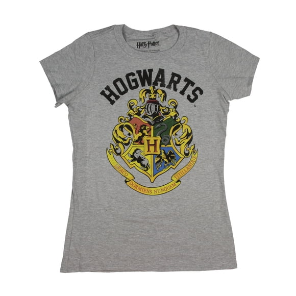 Harry Potter Shirt Distressed Hogwarts Crest Juniors Heather Tee T-Shirt (Large)