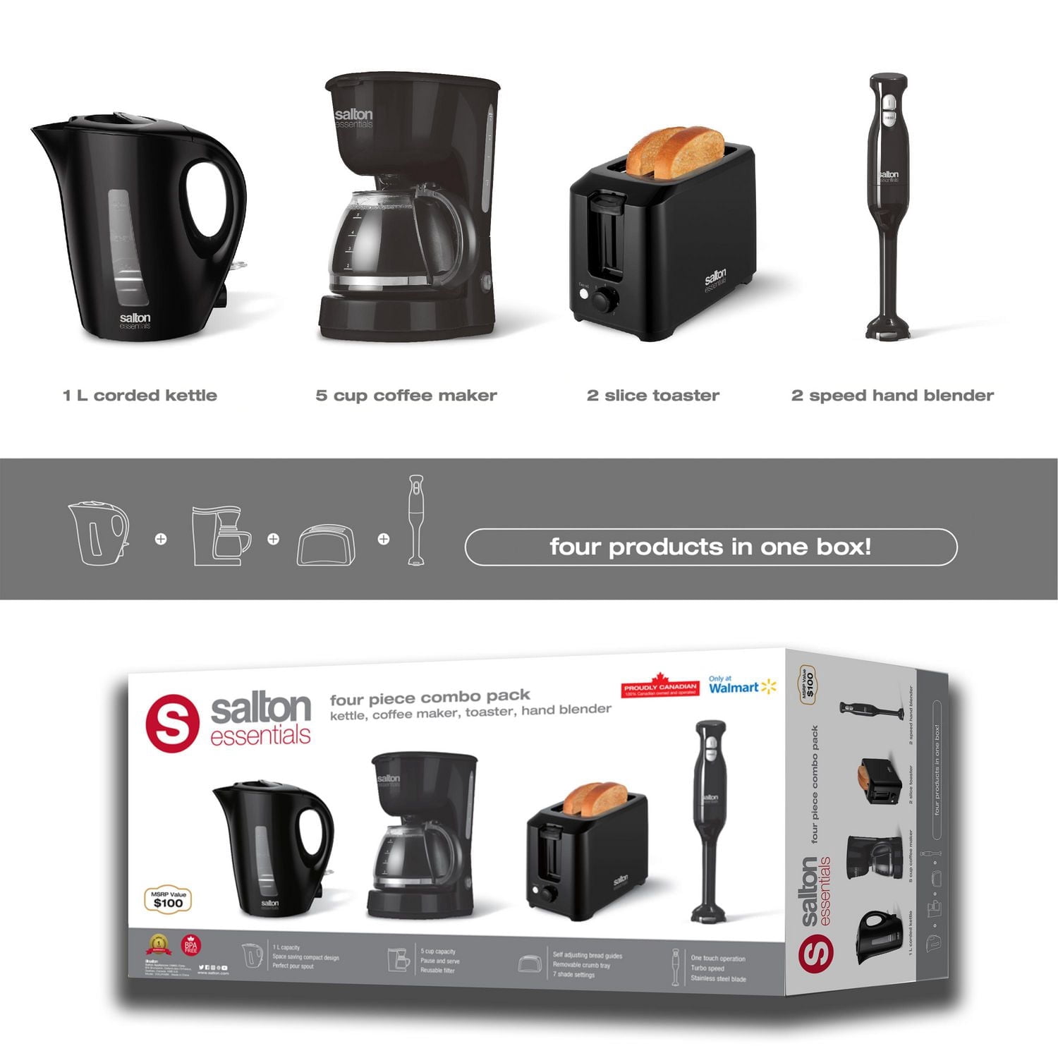 Salton Essentials Kettle, Coffee Maker, Toaster and Hand Blender 4 in 1, COL2115BK