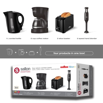 Salton Essentials Kettle, Coffee Maker, Toaster and Hand Blender 4 in 1, COL2115BK