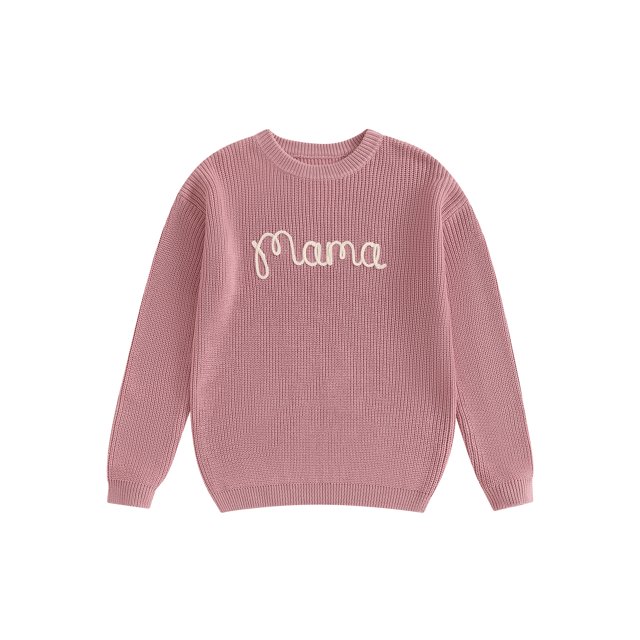Wangsaura Family Matching Sweaters Mommy and Me Letter Embroidery Round Neck Knitwear Comfortable Warm Tops