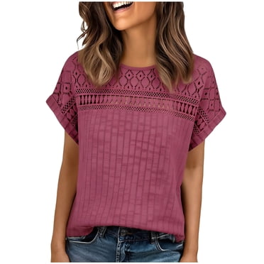 BLVB Hauts pour Femmes Décontractés à Col Rond à Manches Courtes en Tricot Côtelé Ajouré Chemises Amples d'Été Mode Tuniques Hauts Blouses