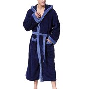 Kmbangi Men's Dressing Gown Robe Patchwork Hooded Long Sleeve Flannel Bathrobe for Hotel Spa Party Kimono Robe with Belt M-5XL