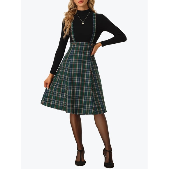 Allegra K Overall Plaid Dress for Women's Christmas Tartan Pinafore Suspender Skirt M Green