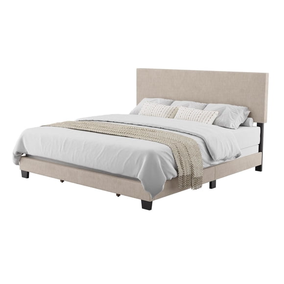 CorLiving Celeste Modern Upholstered Adult King Bed Frame with Headboard, Box Spring Required, Beige