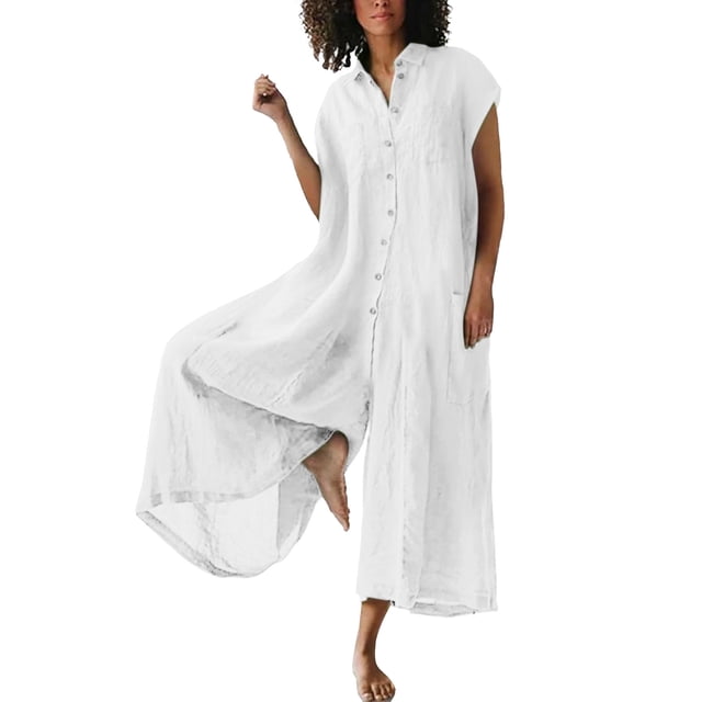 Combinaison Chemise en Coton pour Femmes, Couleur Unie, Décontractée, à Manches Courtes, Longueur Moyenne