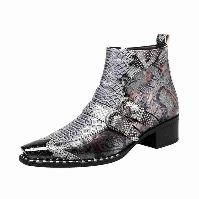 Bottes Chelsea à Double Boucle à Imprimé Python pour Hommes - Bottines Vintage à Bout Pointu avec Fermeture Éclair Latérale, Talon Bas Confortable