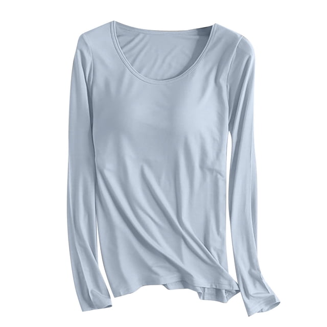 AherBiu Hauts Grande Taille pour Femmes Automne Manches Longues Haut de Pyjama Doux avec Soutien-Gorge Intégré Col Ras du Cou T-Shirts de Pyjama Confortables