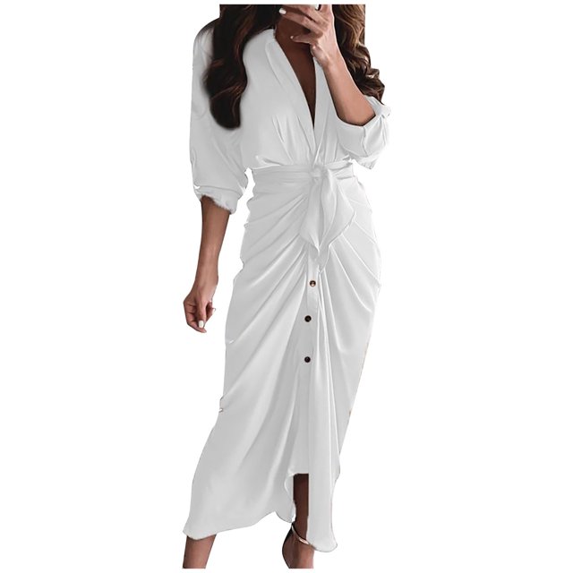 Pompotops Robe d'Été Décontractée Aguichant pour Femme à Manches Longues, Unie, avec Fente à Boutons, en Solde