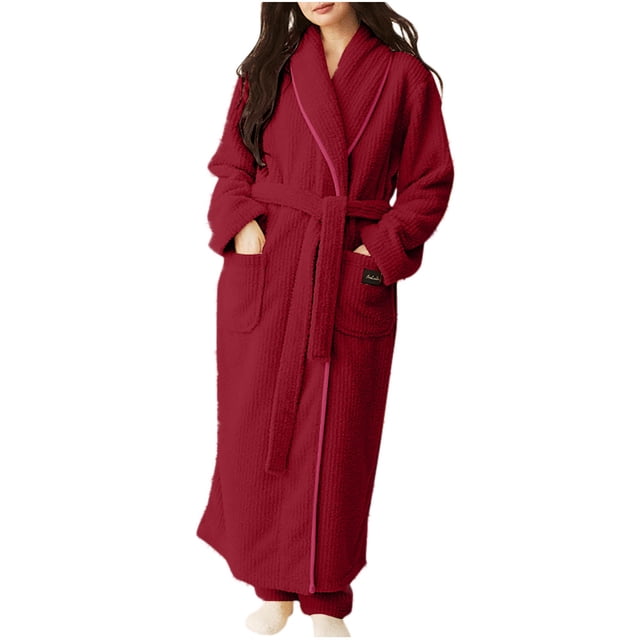 Tawop Robes D'éTé pour Femmes Pyjamas pour Femmes Pyjamas Longs Peignoir de Maison Uni Peignoir Mode Décontracté avec Poche Tenue d'Intérieur à Manches Longues Chemise de Nuit pour Femme Rouge TG