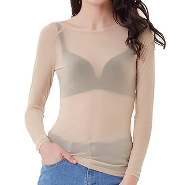 IROINID Deals Ladies Long Sleeve T Shirts See-Through Seamless Arm Shaper Top Mesh Shirt Blouse,Khaki
