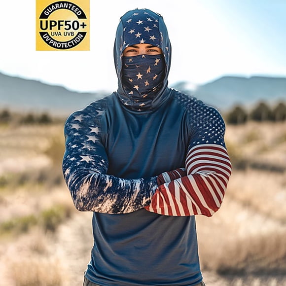 Pisexur Sun Protection Clothing Men UPF 50 Long Sleeve Shirt Men Printing Summer Sunscreen Is Breathable Long Sleeve With A Mask Hooded Blouse Navy,M
