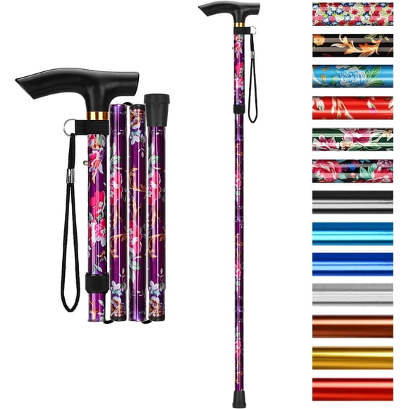 SupreGear Adjustable Folding Cane with T-Handle and Stability Strap, 5 Height Levels, Purple Floral