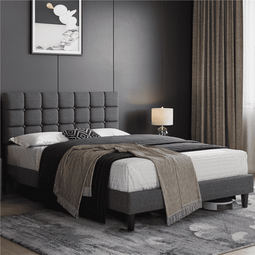 Yaheetech Cadre de Lit Moderne Rembourré en Tissu avec Tête de Lit Capitonnée Carrée, Grand Lit, Gris Foncé