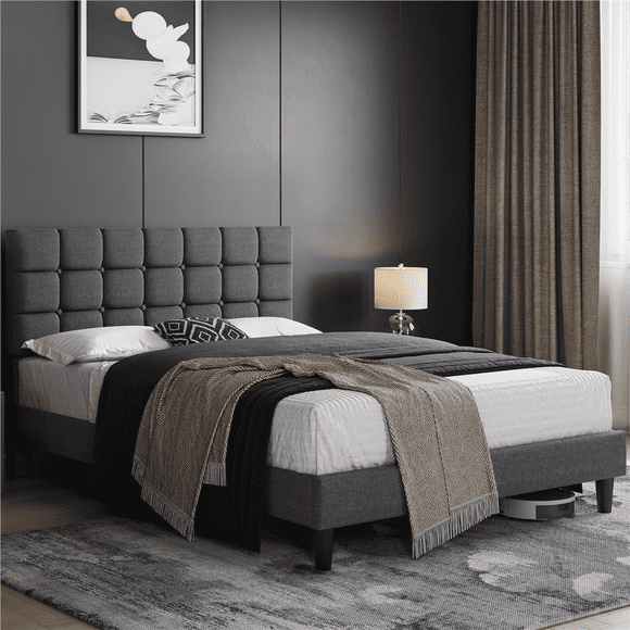 Yaheetech Modern Fabric Upholstered Bed Frame with Square Tufted Headboard, Queen, Dark Gray
