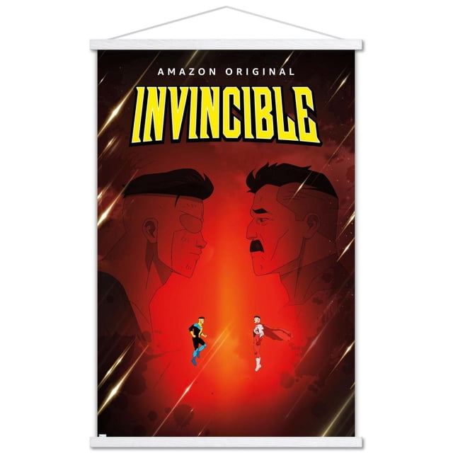 Invincible - Affiche Murale Père et Fils en une Feuille, 22,375 Pouces x 34 Pouces, Présentant le Titre Original Amazon Invincible en Jaune Audacieux sur Fond Rouge Foncé avec Deux Grands Profils Latéraux Se Affrontant et Deux Petites Figurines de Superhéros en costumes Bleus et Rouges Flottants au Centre, Imprimée sur Papier Lustré avec Supports Adhésifs pour une Présentation Murale Facile, Convient à la Déco Maison Ou aux Cadeaux.