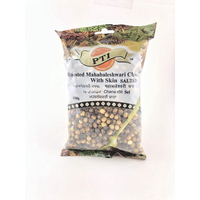 PTI Roasted Mahabaleshwari Chana with Skin Salted 350g bag showing roasted chickpeas with skin inside clear plastic packaging with PTI logo and spice images, a high-fiber, protein-rich dried legume snack suitable for weight management and healthy snacking.