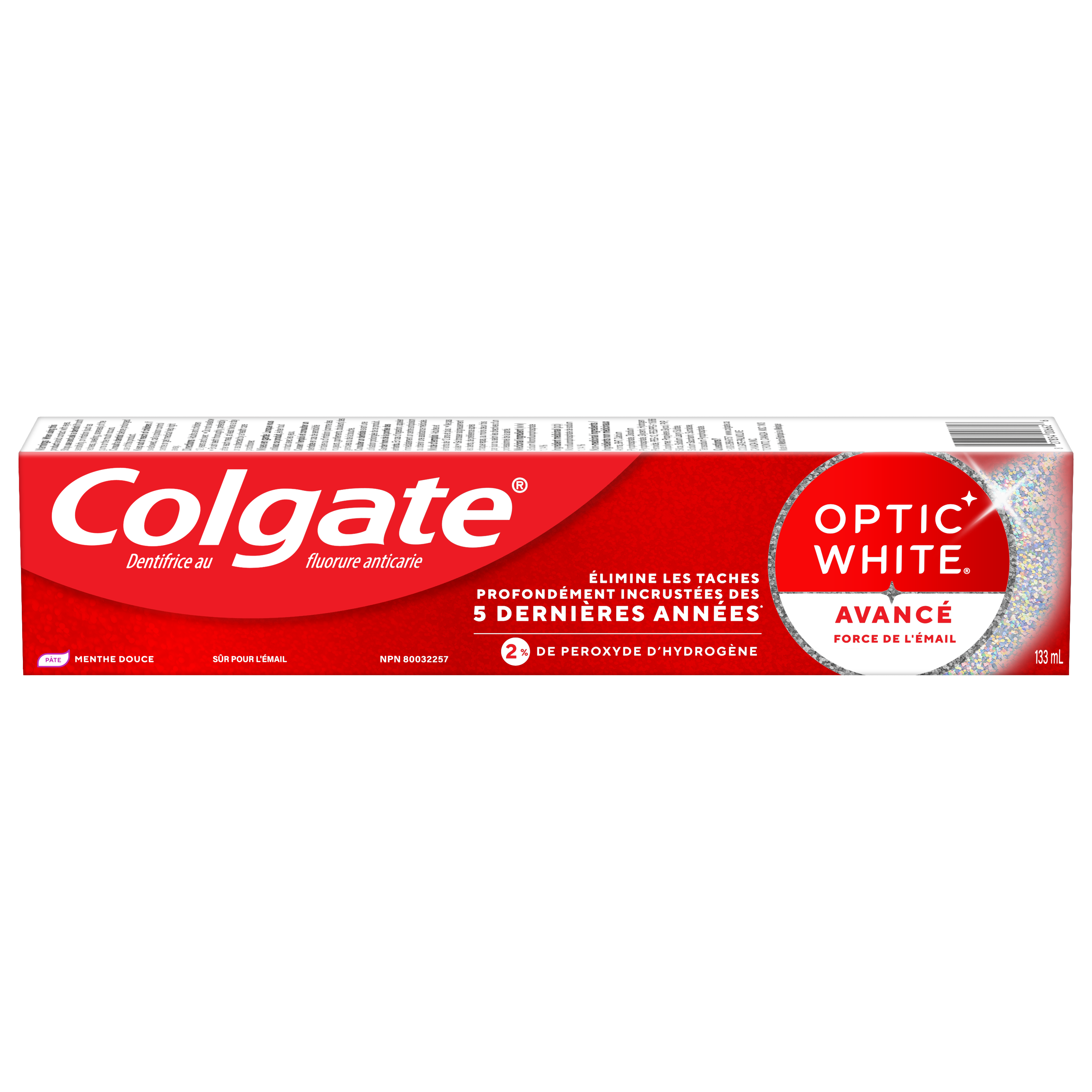 Dentifrice au fluorure Colgate Optic White Avancé Force de l'émail, 133 ml