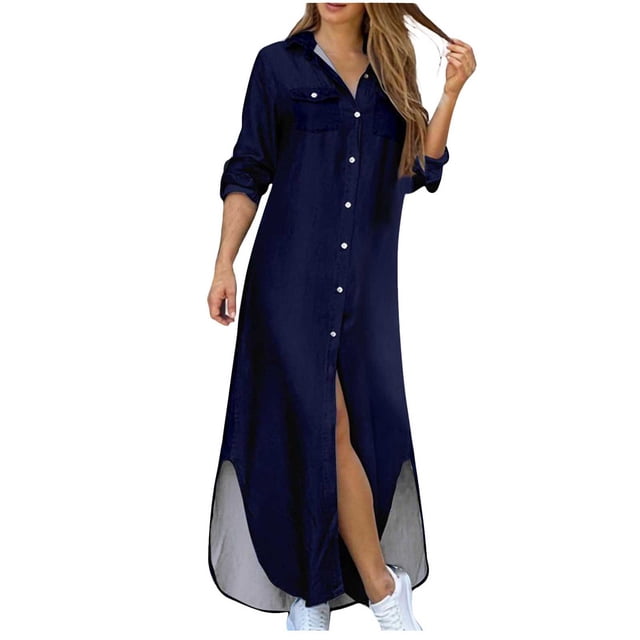 CEHVOM Robe d'Été pour Femme, Couleur Unie, Décontractée, à Manches Longues, Col Rabattu, Robe Maxi Décontractée de Plage, Solde