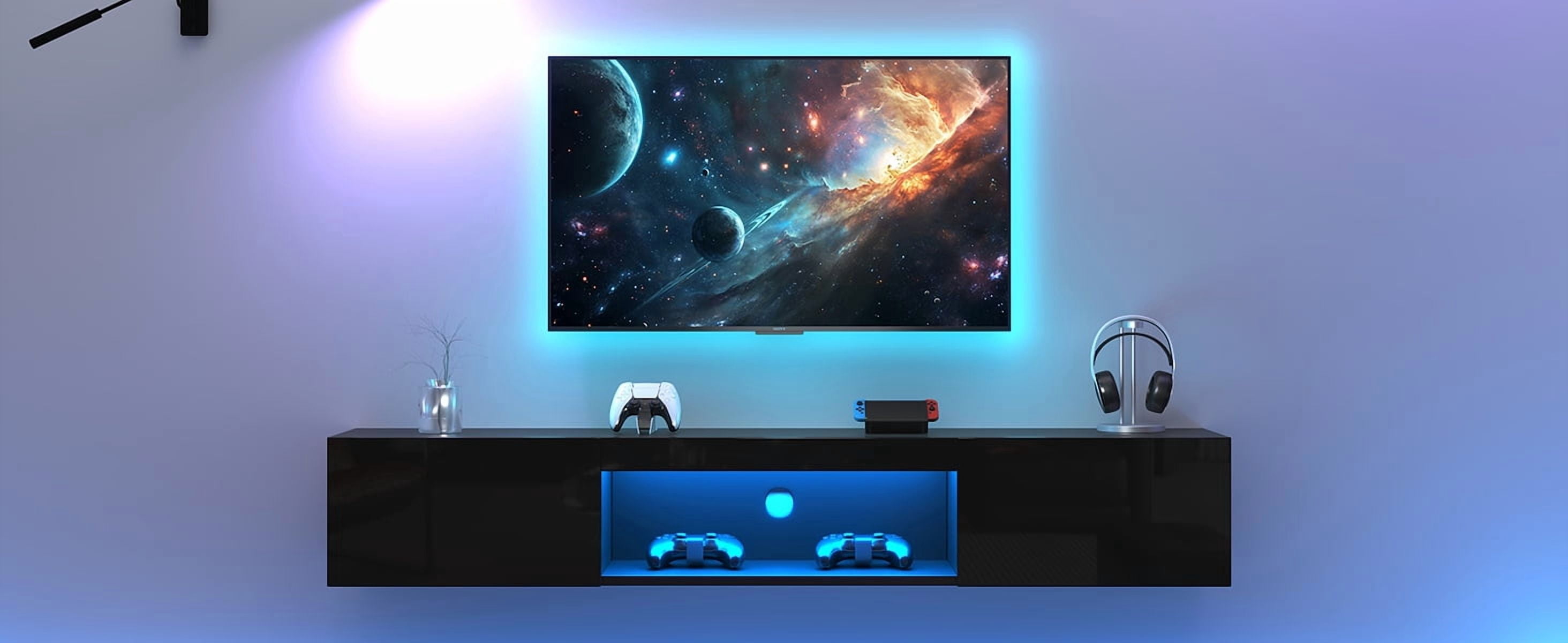 Meuble télé suspendu Noble House 160 cm avec éclairage DEL, pour téléviseur 178 cm, noir
