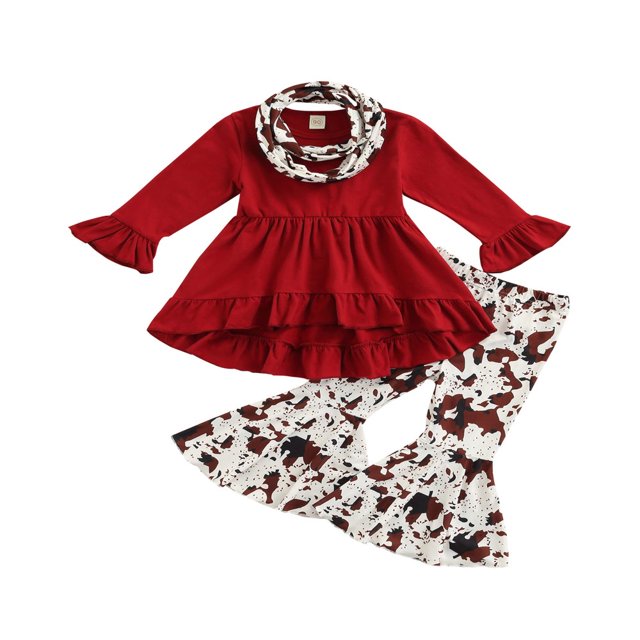 MesaSe Toddler Baby Girls Spring Princess Flare Pants Set O-Neck Ruffles Tops + Bell Bottom Pants Headband