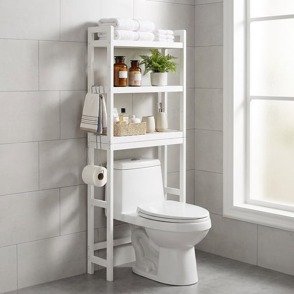 LEDREM Over The Toilet Storage Shelf, 3-Tier Bathroom Organizer Adjustable Saver Space Rack with Toilet Paper Holder,Cloud White