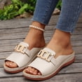 thumbnail image 2 of Wedge Sandals for Women Slide Metal Decoration Arch Support Open Toe Soft Sole Non Slip Comfortable Walking Beach Summer Slippers Beige, 2 of 9