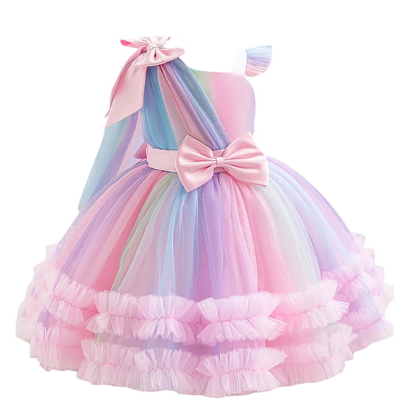 LUOGENLI Dress Girls' Rainbow Princess Tutu Dress with Net Skirt Flower Girl Birthday Party Dress for Toddler & Kids Maxi Skirt Set Summer 7-8 Years