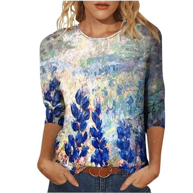 EQWLJWE Blouses à Manches Longues pour Femmes Hauts pour Femmes Liquidation T-shirt Imprimé de Mode pour Femmes Blouse à Manches 3/4 Col Rond Hauts Décontractés