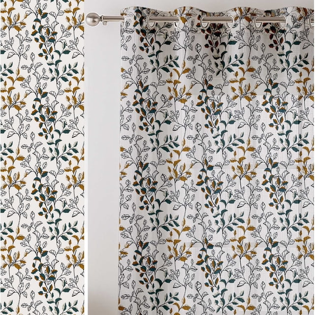 Vargottam Leaves Vine Print Sheer Curtains for Short Windows - Set of 2 Panels, 63", Grommet Top, Printed Georgette, Light Filtering Drapes for Kitchen or Bedroom