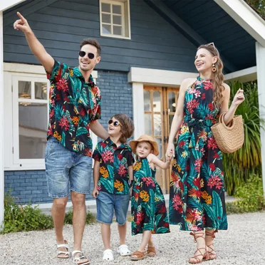 PatPat Tenues Assorties pour la Famille Chemises Hawaïennes à Manches Courtes à Imprimé Floral de Plantes Partout pour Hommes G