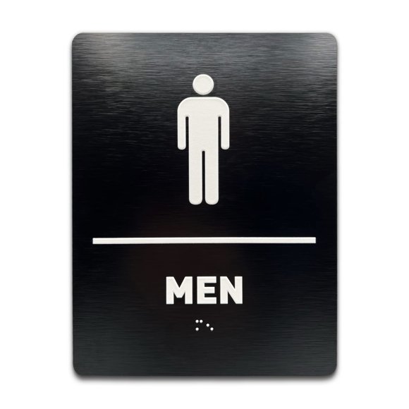 Men Restroom Identification Sign - ADA Compliant Bathroom Sign Raised Icons Raised Braille Brushed Black TCO Inspection Certified (6""W x 8""H) - by GDS