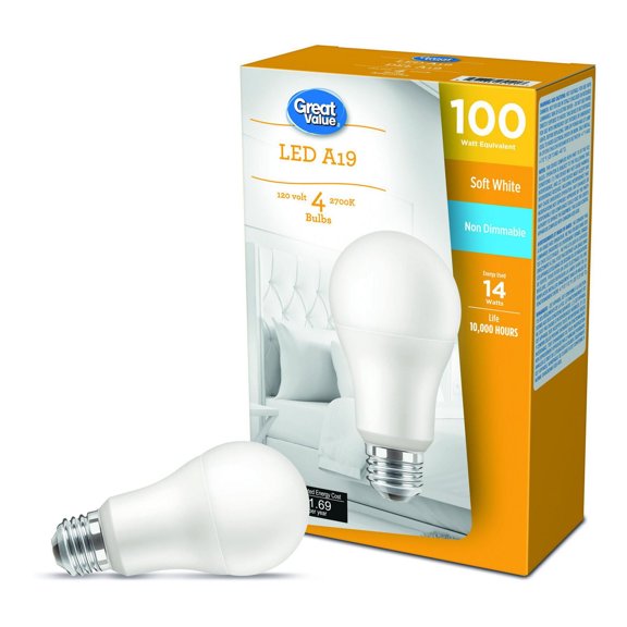 Great Value 60W A19 Soft White LED bulbs 4-pack