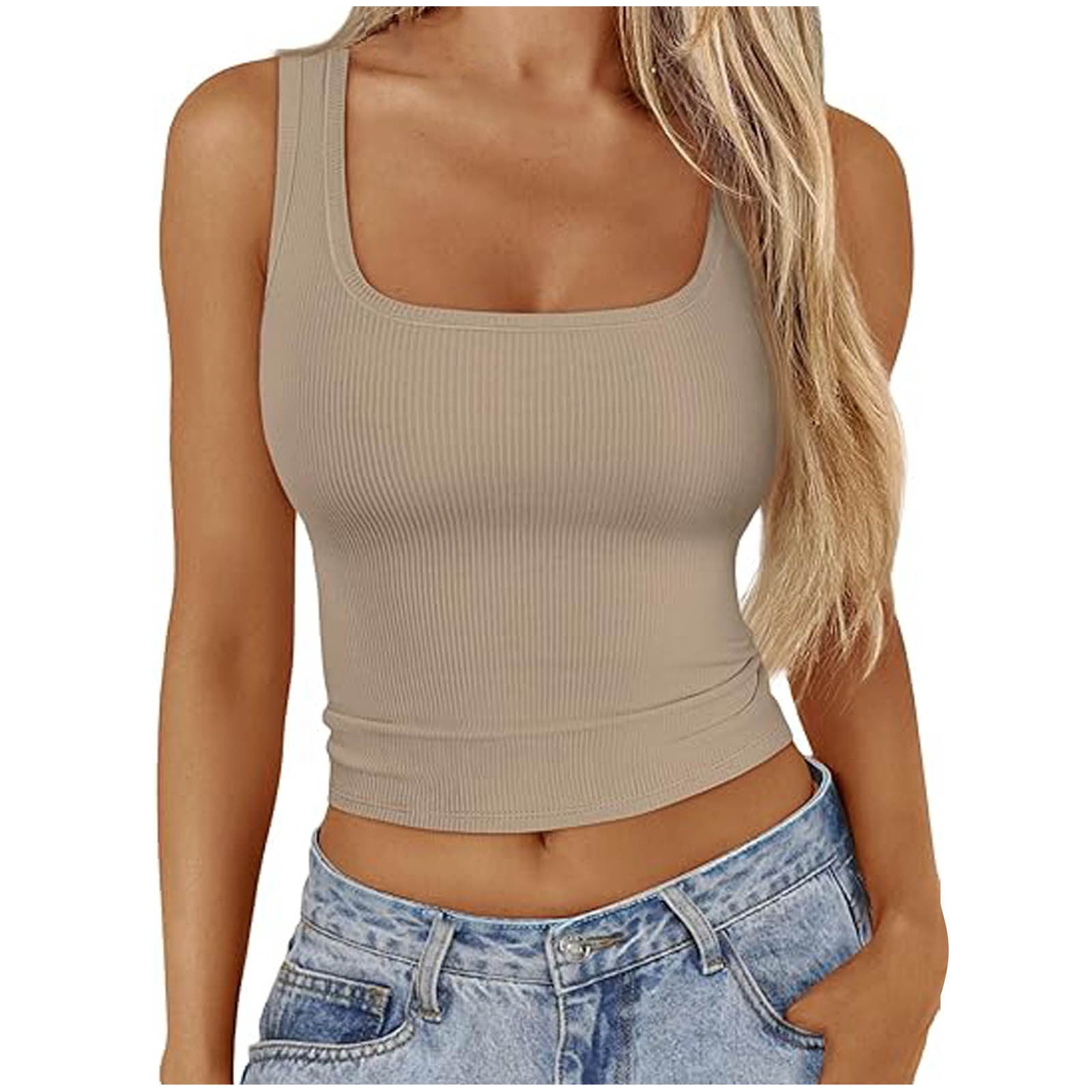 Timegard Tank Tops for Women Summer Ribbed Square Neck Sleeveless Slim Crop Tops Casual Going out Tops