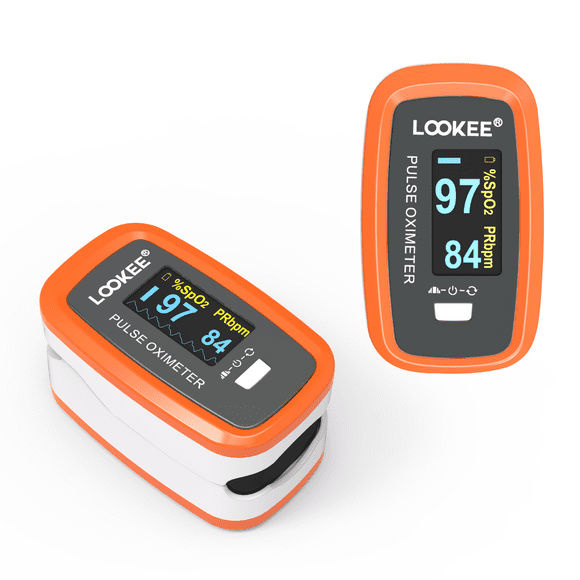 LOOKEE® Oxymètre de Pouls de Qualité Supérieure / Fièrement Canadien / Moniteur d'Oxygénothérapie du Bout des Doigts / Moniteur de Saturation en Oxygène Sanguin SpO2 avec Écran OLED à Rotation Automatique Pléthysmographe et PR / Orange